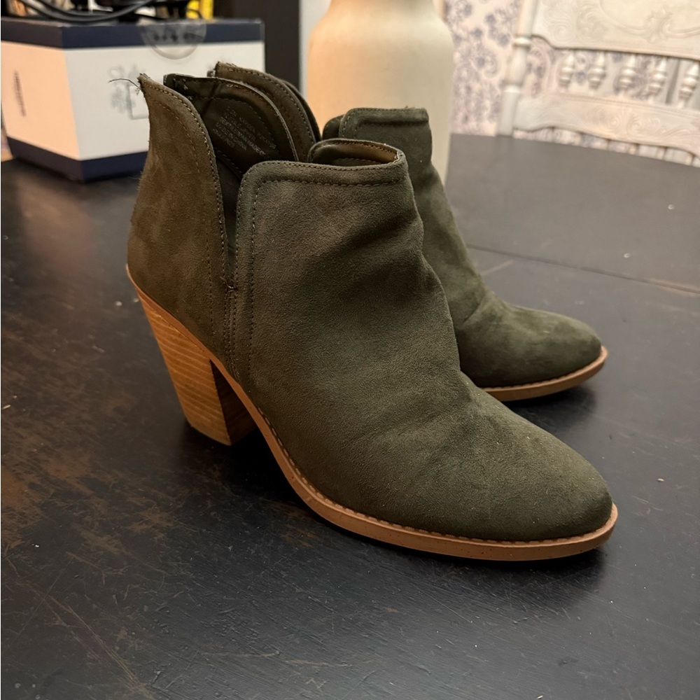 Women's Olive Suede Ankle Bootie with Block Heel